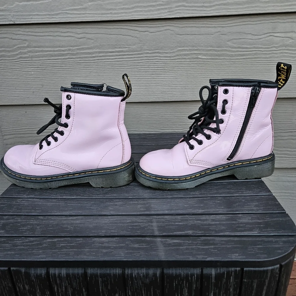 Doc Martens 1460 Pink Patent Leather Lace-Up Boots Side Zip Youth Kids Size 12